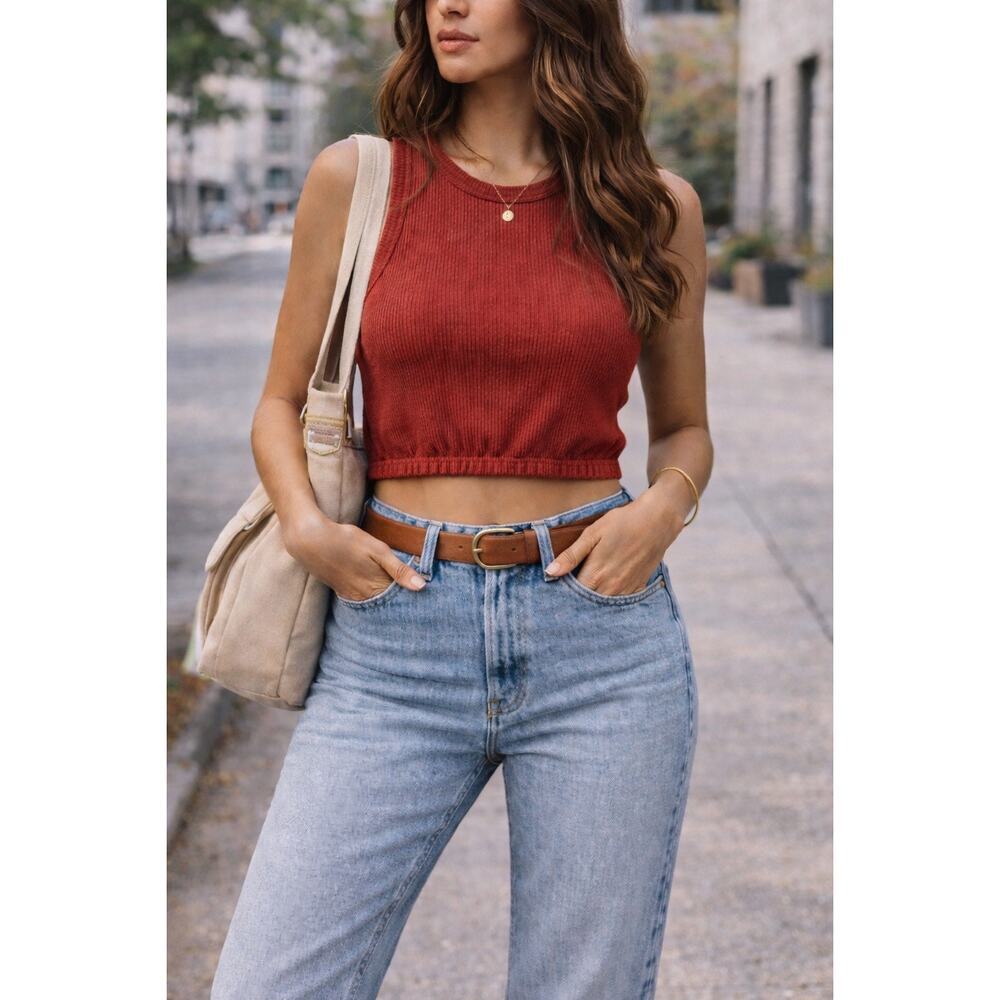 Funlingo Orange Ribbed Knit Cropped Tank Top Stretch Pullover Women's Size M